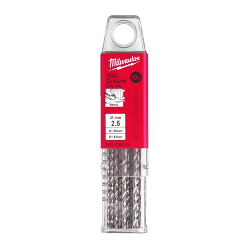 Свердло по металу HSS-G MILWAUKEE DIN340, діаметр 2,5x95х62мм, подовжене, (10 шт), пластикова коробка