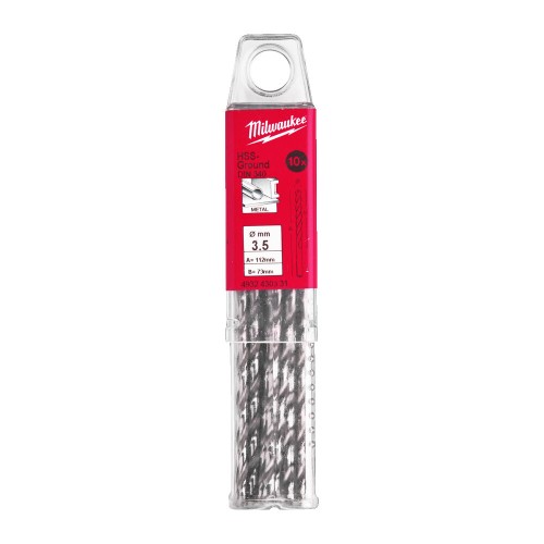 Свердло по металу HSS-G MILWAUKEE DIN340, діаметр 3,5х112х73мм, подовжене, (10шт), пластикова коробка