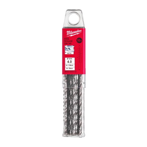 Свердло по металу HSS-G MILWAUKEE DIN340, діаметр 4,0x119х78мм, подовжене, 10шт), пластикова коробка