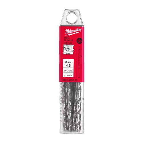 Свердло по металу HSS-G MILWAUKEE DIN340, діаметр 4,5x126х82мм, подовжене, (10шт), пластикова коробка