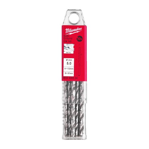 Свердло по металу HSS-G MILWAUKEE DIN340, діаметр 5,0х132х87мм, подовжене, (10шт), пластикова коробка