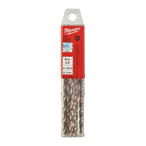 Свердло по металу HSS-G MILWAUKEE DIN340, діаметр 5,5х139х91мм, подовжене, (10шт), пластикова коробка