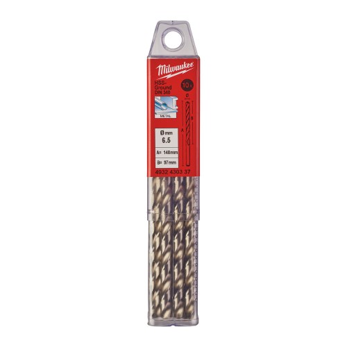 Свердло по металу HSS-G MILWAUKEE DIN340, діаметр 6,5х148х97мм, подовжене, (10шт), пластикова коробка