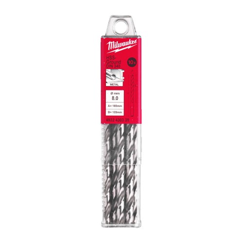 Свердло по металу HSS-G MILWAUKEE DIN340, діаметр 8,0х165х109мм, подовжене, (10шт), пластикова коробка