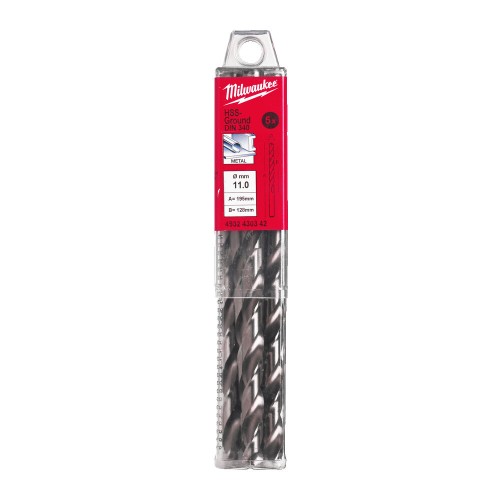 Свердло по металу HSS-G MILWAUKEE DIN340, діаметр 11,0х195х128мм, подовжене, (5шт), пластикова коробка