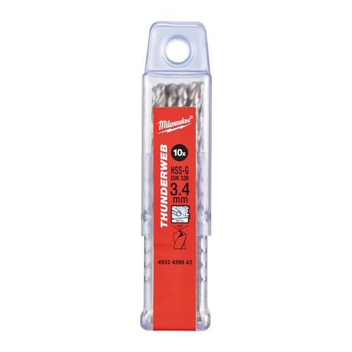 Свердло по металу THUNDERWEB HSS-G MILWAUKEE DIN338, діаметр 3,4х70х39мм, (10шт), пластикова коробка