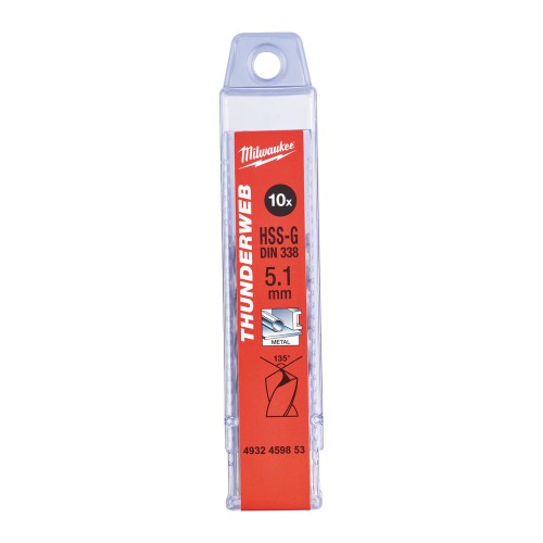 Свердло по металу THUNDERWEB HSS-G MILWAUKEE DIN338, діаметр 5,1х86х52мм, (10шт), пластикова коробка