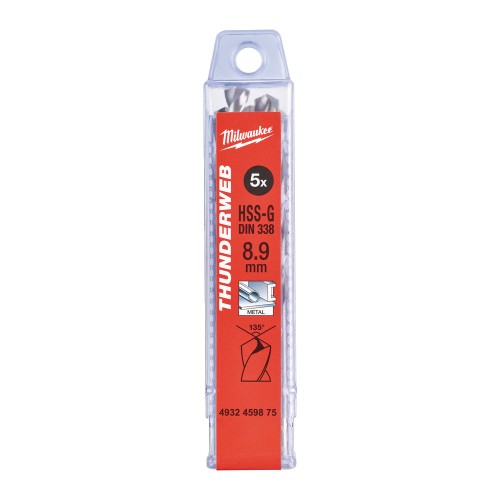 Свердло по металу THUNDERWEB HSS-G MILWAUKEE DIN338, діаметр 8,9х125х81мм, (5шт), пластикова коробка