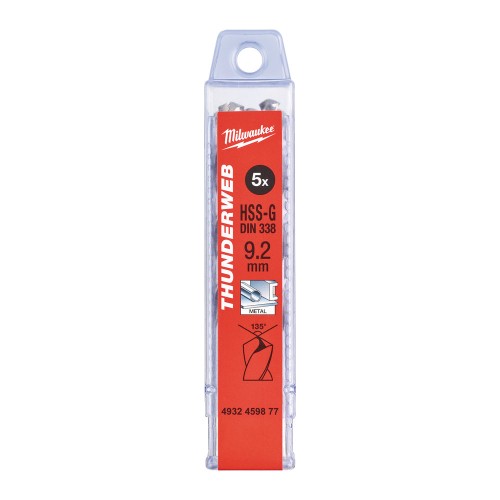 Свердло по металу THUNDERWEB HSS-G MILWAUKEE DIN338, діаметр 9,2х125х81мм, (5шт), пластикова коробка