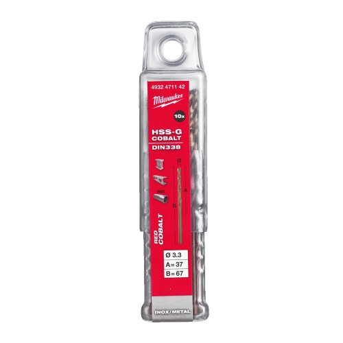 Свердло по металу HSS-Co MILWAUKEE DIN338, діаметр 3,3х67х37мм, (10шт), пластикова коробка