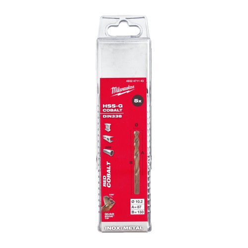 Свердло по металу HSS-Co MILWAUKEE DIN338, діаметр 10,2х133х87мм, (5шт), пластикова коробка