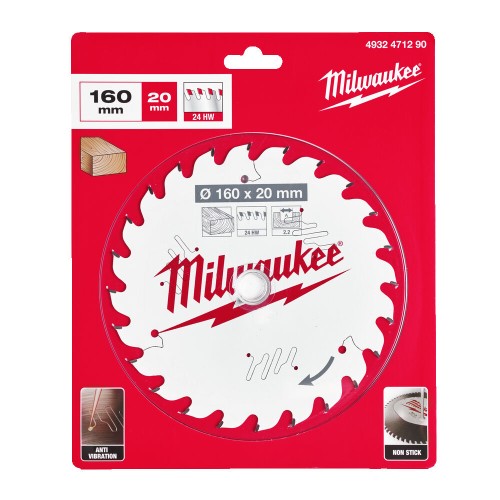 Диск пиляльний по дереву PFTE MILWAUKEE, діаметр 160х20х2,2мм, 24 зуб.