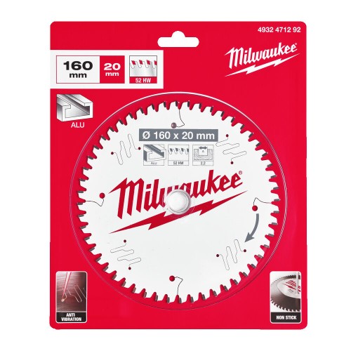 Диск пиляльний по алюмінію Alu PFTE MILWAUKEE, діаметр 160х20х2,2мм, 52 зуб.