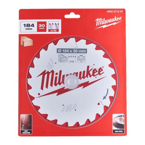 Диск пиляльний по дереву PFTE THIN KERF MILWAUKEE, діаметр 184х30х1,6мм, 24 зуб.
