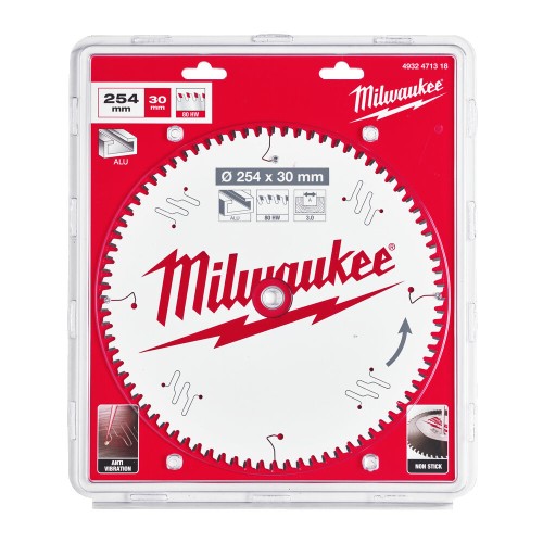 Диск пиляльний по алюмінію Alu PFTE MILWAUKEE, діаметр 254/30мм, 80 зуб.