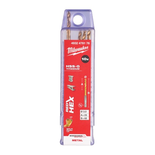 Свердло по металу RedHEX SHOCKWAVE HSS-TiN MILWAUKEE, діаметр 3,0х65х23мм, (10шт), пластикова коробка