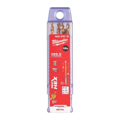 Свердло по металу RedHEX SHOCKWAVE HSS-TiN MILWAUKEE, діаметр 4,0х71,5х26мм, (10шт), пластикова коробка