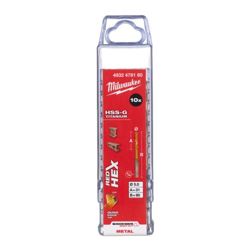 Свердло по металу RedHEX SHOCKWAVE HSS-TiN MILWAUKEE, діаметр 5,0х80х31мм (10шт), пластикова коробка