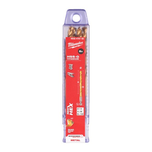 Свердло по металу RedHEX SHOCKWAVE HSS-TiN MILWAUKEE, діаметр 7,0х109х66мм, (5шт), пластикова коробка