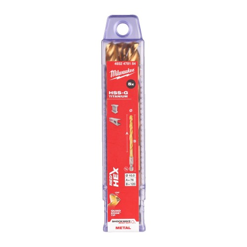 Свердло по металу RedHEX SHOCKWAVE HSS-TiN MILWAUKEE, діаметр 10,0х120х76мм, (5шт), пластикова коробка