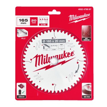 Диск пиляльний по алюмінію Alu PFTE THIN KERF MILWAUKEE, діаметр 165х20х1,6мм, 52 зуб.