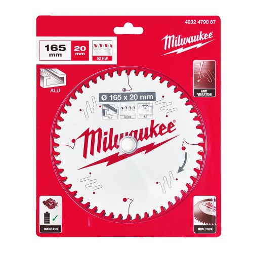 Диск пиляльний по алюмінію Alu PFTE THIN KERF MILWAUKEE, діаметр 165х20х1,6мм, 52 зуб.