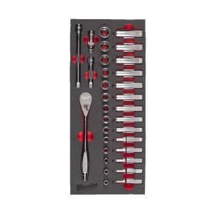 Ложемент с головками хромованими та тріскачкой 3/8'' MILWAUKEE. (28шт) (45х178,5х417мм) для візків