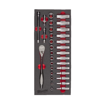 Ложемент с головками хромованими та тріскачкой 3/8'' MILWAUKEE. (28шт) (45х178,5х417мм) для візків