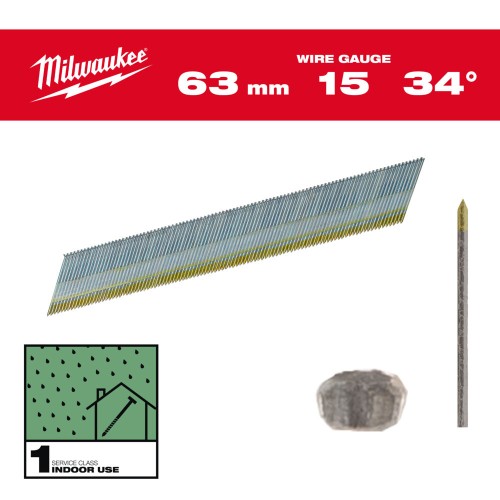 Цвяхи оцинковані з D-образною головкою MILWAUKEE, 15G/34 градуси/63мм, (2200шт)