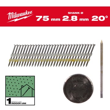 Цвяхи з кільцевою накаткою та круглою головкою MILWAUKEE, 2,8х7,4мм/20 градусів/75мм (2000шт)