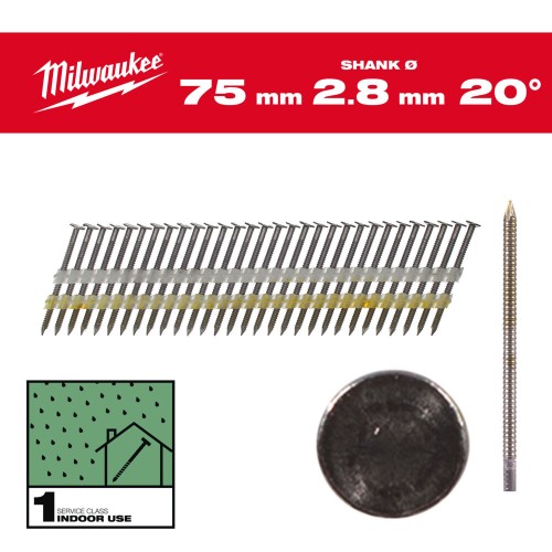 Цвяхи з кільцевою накаткою та круглою головкою MILWAUKEE, 2,8х7,4мм/20 градусів/75мм (2000шт)