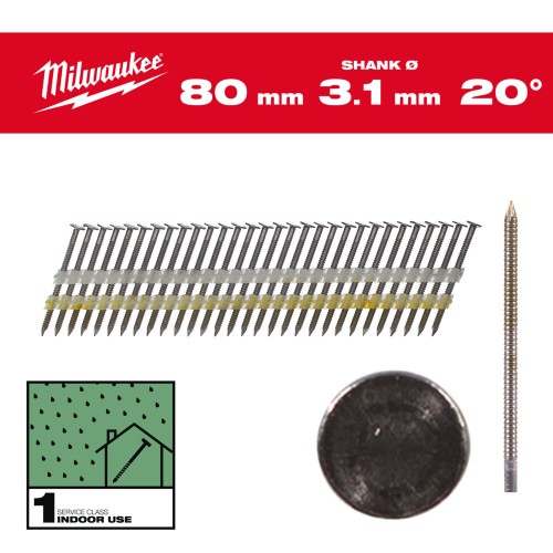 Цвяхи з кільцевою накаткою та круглою головкою MILWAUKEE, 3,1х7,4мм/20 градусів/80мм (1750шт)