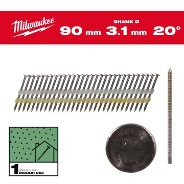 Цвяхи з кільцевою накаткою та круглою головкою MILWAUKEE, 3,1х7,4мм/20 градусів/90мм (1750шт)