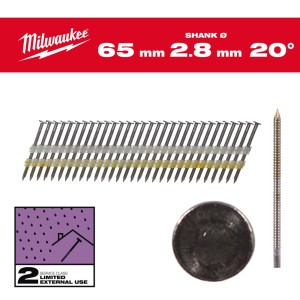 Цвяхи оцинковані з кільцевою накаткою та круглою головкою MILWAUKEE 2,8х7,4мм/20 градусів/65мм (2000шт)