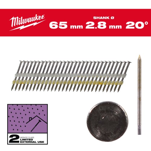 Цвяхи оцинковані з кільцевою накаткою та круглою головкою MILWAUKEE 2,8х7,4мм/20 градусів/65мм (2000шт)