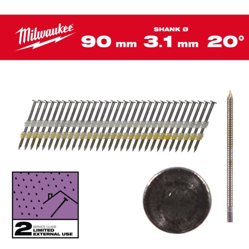 Цвяхи оцинковані з кільцевою накаткою та круглою головкою MILWAUKEE 3,1х7,4мм/20 градусів/90мм (1750шт)