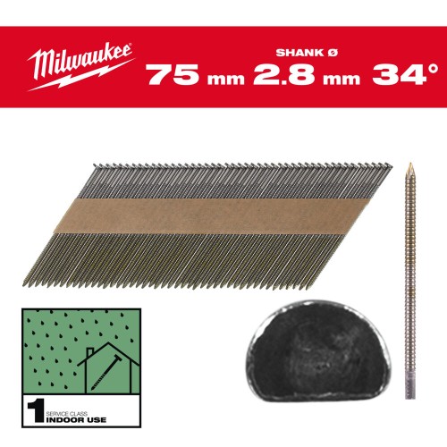 Цвяхи з кільцевою накаткою та D-образною головкою MILWAUKEE 2,8/34 градуси/75мм (2200шт)