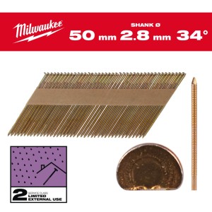 Цвяхи оцинковані з кільцевою накаткою та D-образною головкою MILWAUKEE, 2,8/34 градуси/50мм (2200шт)