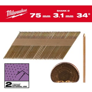 Цвяхи оцинковані з кільцевою накаткою та D-образною головкою MILWAUKEE, 3,1/34 градуси/75мм (2200шт)