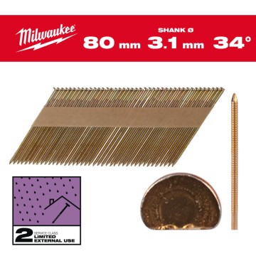 Цвяхи оцинковані з кільцевою накаткою та D-образною головкою MILWAUKEE, 3,1/34 градуси/80мм (2200шт)