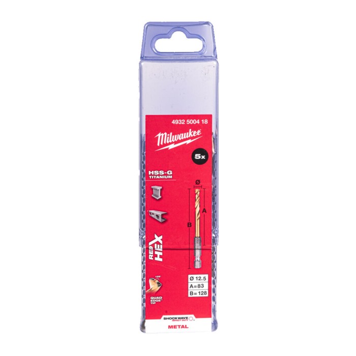 Свердло по металу RedHEX SHOCKWAVE HSS-TiN MILWAUKEE, діаметр 12,5х128х83мм, (5шт), пластикова коробка Свердло по металу RedHEX SHOCKWAVE HSS-TiN MILWAUKEE, діаметр 12,5х128х83мм, (5шт), пластикова коробка