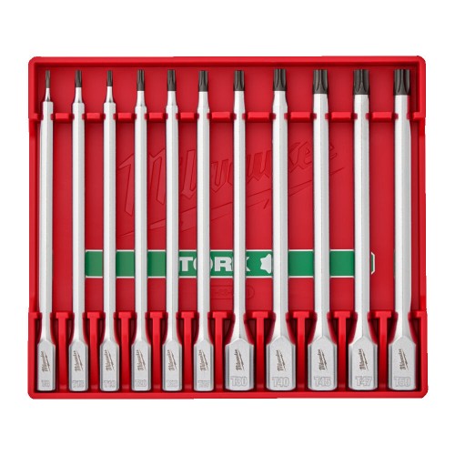 Набір головок торцевих хромованих подовжених 1/4'' та 3/8'' MILWAUKEE, з бітами TORX (T8-T50) в чохлі, (11шт)
