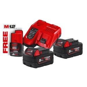 Енергокомплект Li-Ion MILWAUKEE, M18 NRG-502 (зарядний пристрій M12-18 FC, 2 акумулятори М18 В5 5Аг) + подарунок акумулятор M12