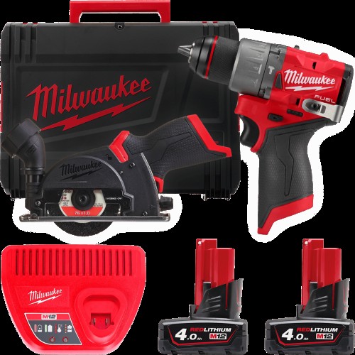 Набір з 2х інструментів акумуляторних безщіткових MILWAUKEE, M12FPP2G2-402X (зарядний пристрій С12, 2 акумулятори М12 В4 4Аг, др
