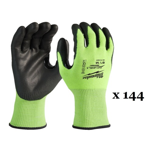 Рукавиці робочі сигнальні Hi-Vis MILWAUKEE, з опором порізам 3/C рівня, розмір 8/M, (144 пари)