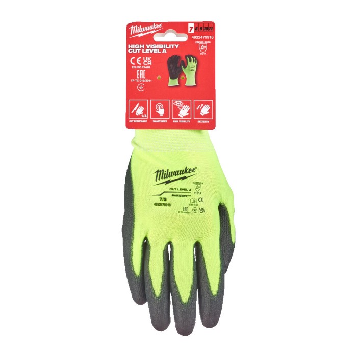 Рукавиці робочі сигнальні Hi-Vis MILWAUKEE, з опором порізам 1/A рівня, розмір 7/S Рукавиці робочі сигнальні Hi-Vis MILWAUKEE, з опором порізам 1/A рівня, розмір 7/S