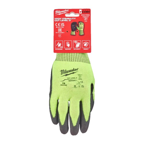 Рукавиці робочі сигнальні Hi-Vis MILWAUKEE, з опором порізам 4/D рівня, розмір 7/S