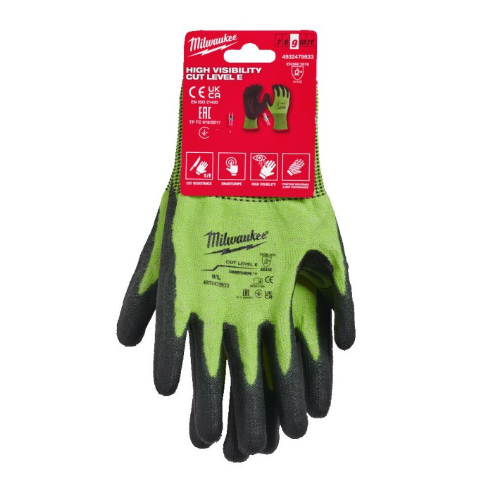 Рукавиці робочі сигнальні Hi-Vis MILWAUKEE, з опором порізам 5/E рівня, розмір 9/L Рукавиці робочі сигнальні Hi-Vis MILWAUKEE, з опором порізам 5/E рівня, розмір 9/L