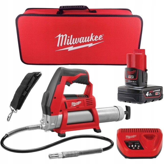Шприц для змащування акумуляторний MILWAUKEE, M12 GG-401B (зарядний пристрій, 1 акумулятор М12 В4 4Ач, алюмінієва туба, сумка) Шприц для змащування акумуляторний MILWAUKEE, M12 GG-401B (зарядний пристрій, 1 акумулятор М12 В4 4Ач, алюмінієва туба, сумка)