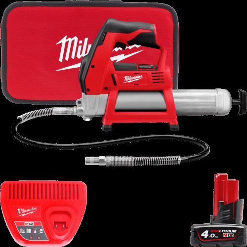 Шприц для змащування акумуляторний MILWAUKEE, M12 GG-401B (зарядний пристрій, 1 акумулятор М12 В4 4Ач, алюмінієва туба, сумка)